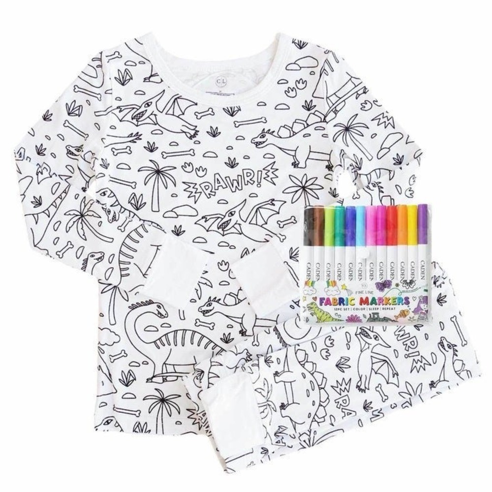 Caden Lane Colorable Two Piece Pajama Set Jurassic Playground Dinosaurs NWT 5/6‎